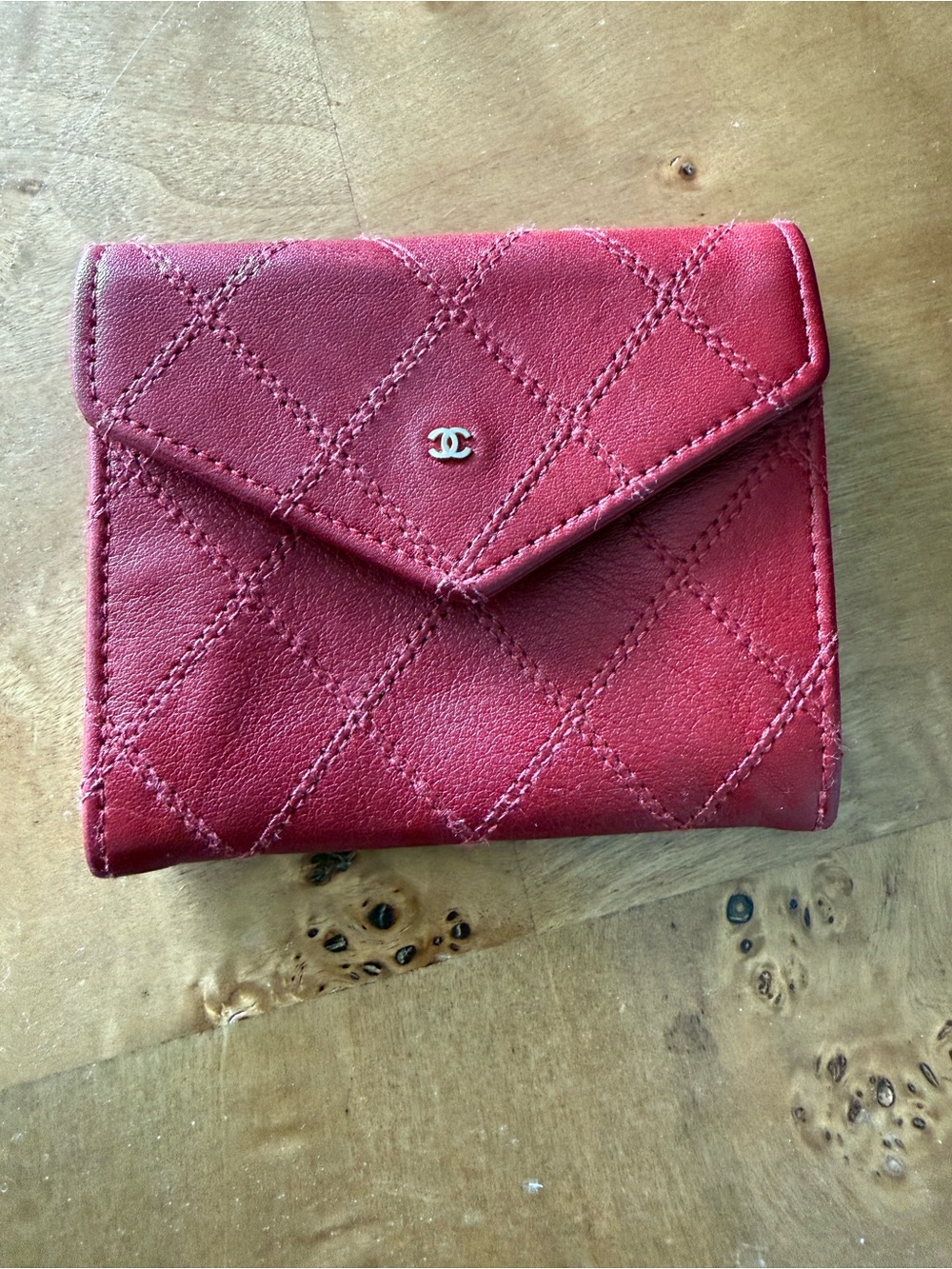 Authentic CHANEL Red Quilted Leather Envelope coin pouch wallet with COA